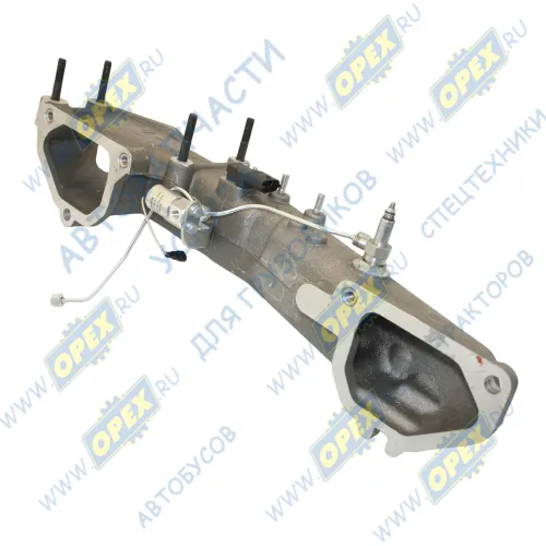 740.63-1115030-10 Патрубок кривой (1 изг. алюм.) L=700 3 флан. С/Ф 2 шпил. М8х1,25 4 шпил. М10х1,25, датч. давлен. и темп., клапан электромагнит., свеча накалив., КАМАЗ