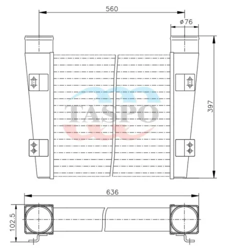 280-1172010 Охладитель наддувочного воздуха, 2 прямых выхода ф75 к двиг.Д-245.9 ПАЗ 4234,4230,КАВЗ-324410; 280-1172010-06(старое обозначение) ТАСПО