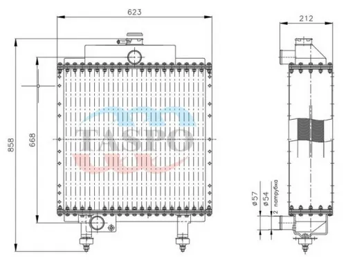 1520Т-1301010 Радиатор водяной 600х625; 2хd=52; (5-ти ряд.) МТЗ 1820; МТЗ-1523,1520,1521 (дв.ММЗ Д-260.9) Автогрейдер ГС-14.02,Каток вибрационный А-6811 "АМК ТАСПО