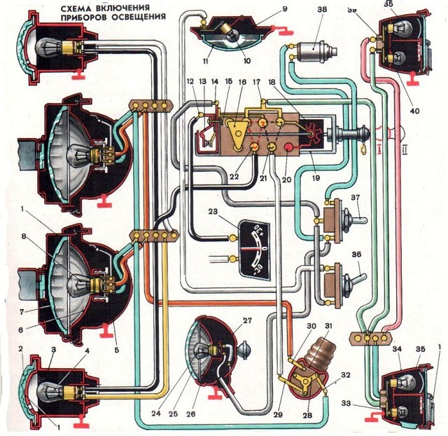 Схема включения приборов освещения ЗИЛ 130